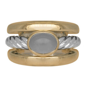 yellow gold and sterling silver ring set with an oval chalcedony