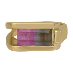 yellow gold split shank ring with a channel set pink and green watermelon tourmaline
