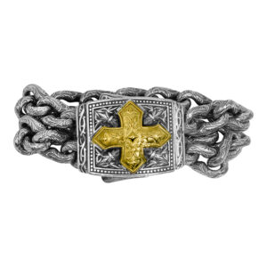 sterling silver and yellow gold large double chain link bracelet with a gold cross clasp