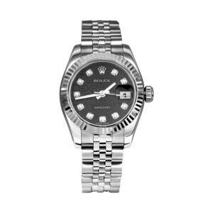 stainless steel Rolex with a black diamond dial