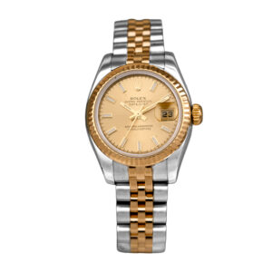 stainless steel and yellow gold rolex watch with a champagne dial