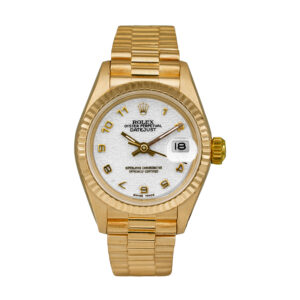 yellow gold Rolex watch with an ivory Jubilee dial