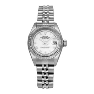 stainless steel and white gold Rolex watch with a white dial