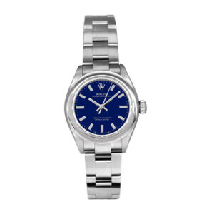stainless steel rolex with a blue dial