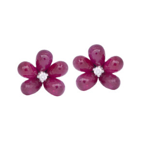 flower earrings set with briolette rubies and round diamonds