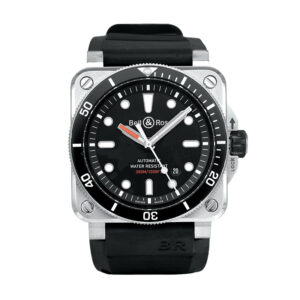 stainless steel watch with a black dial, black bezel, and black rubber strap