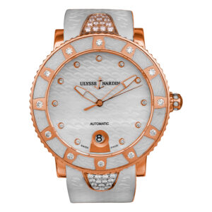 rose gold watch with a white dial and white rubber strap with diamonds in the bezel and end pieces