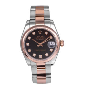 stainless steel and rose gold Rolex with a black diamond dial