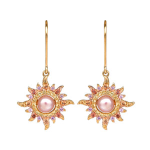 yellow gold sunburst earrings set with pearls and multicolor sapphires