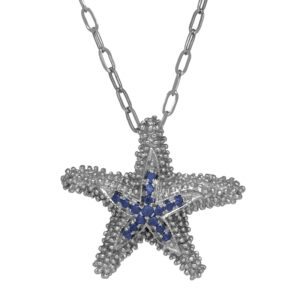 sterling silver starfish pendant set with round brilliant blue sapphires