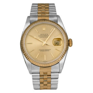 stainless steel and yellow gold rolex with a gold bezel and champagne dial