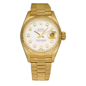 yellow gold rolex with a diamond mother of pearl dial