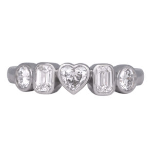 white gold anniversary band set with round, baguette, and heart times