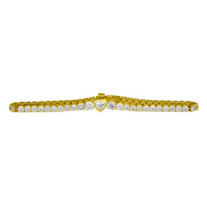 yellow gold tennis bracelet set with round diamonds and a heart diamond