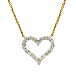 yellow gold open heart necklace set with round diamonds
