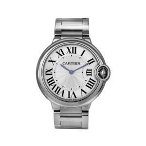 stainless steel Cartier watch with a silver dial