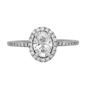 white gold halo ring centered with an oval diamond surrounded by round diamonds in the halo & band