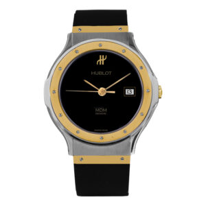 sterling silver and yellow gold Hublot watch with a black dial and black rubber strap