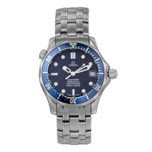 stainless steel Omega with a blue dial and blue bezel