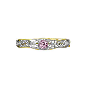 white and yellow gold bangle bracelet centered with a round kunzite and surrounded by old European diamonds
