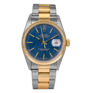 stainless steel and yellow gold rolex with a blue dial and yellow gold bezel