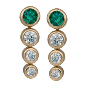 yellow gold drop earrings set with round emeralds and round diamonds