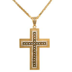 yellow gold cross pendant set with rose cut diamonds and seed pearls