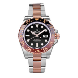 rose gold and stainless steel rolex with a black dial and root beer bezel
