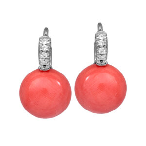 white gold drop earrings set with coral buttons and small round diamonds