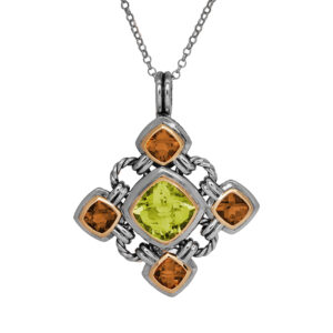 sterling and yellow gold pendant set with checkerboard cushion citrine and oro verde quartz