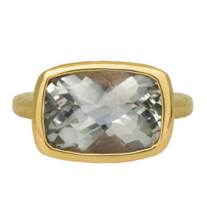 yellow gold ring set with an elongated cushion prasiolite