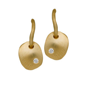 yellow gold disc drop earrings each set with one small round diamond