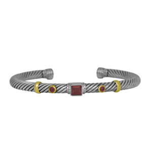 sterling silver cable cuff with gold accents and a square garnet flanked by round citrines