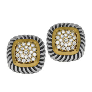 David Yurman silver and yellow gold earrings set with round diamond clusters surrounded by twisted cable