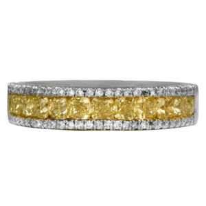 white gold anniversary band set with cushion yellow diamonds and round white diamonds