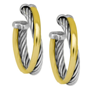 silver and yellow gold crossover hoop earrings
