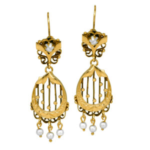 yellow gold dangle earrings set with seed pearls