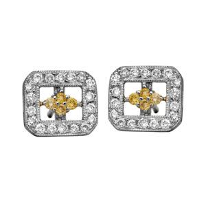 white gold earrings set with yellow and white round diamonds