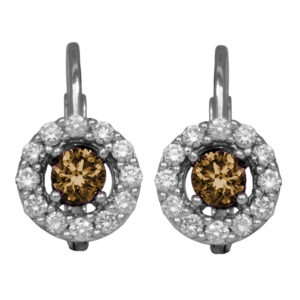 white gold halo drop earrings set with brown diamonds surrounded by white diamonds
