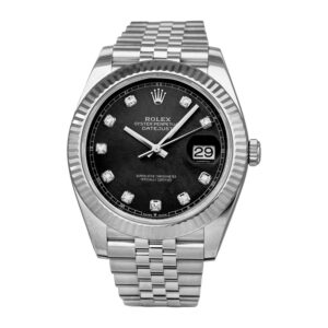 stainless steel rolex with a black diamond dial