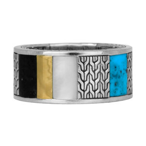 sterling silver and yellow gold John Hardy ring set with turquoise, and mother of pearl