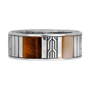 sterling silver John Hardy carved ring inlaid with tiger's eye, pyrite, and yellow mother-of-pearl