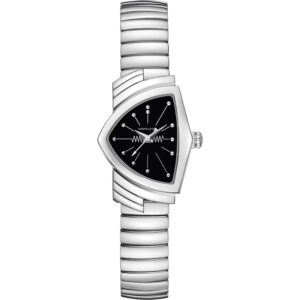 stainless steel Hamilton watch with offset triangular black dial