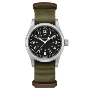 stainless steel Hamilton watch with a black dial and olive green NATO fabric strap