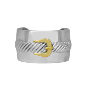 sterling silver wide cuff bangle with a yellow gold buckle detail