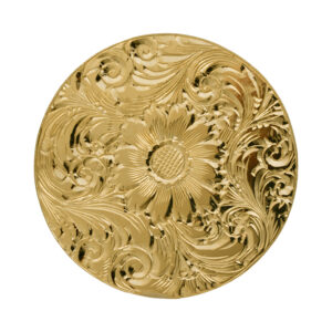 yellow gold circle brooch engraved with floral accents