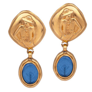 gold tone chanel drop earrings with blue Gripoix glass