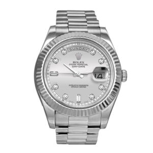 white gold Rolex with a silver diamond dial