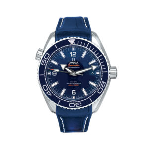 stainless steel watch with a blue dial, blue leather and rubber strap