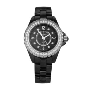 black Chanel watch with a black dial and diamond bezel